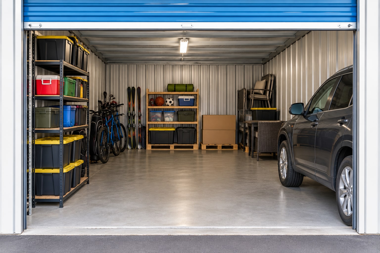 Car parked in an open drive-up storage unit